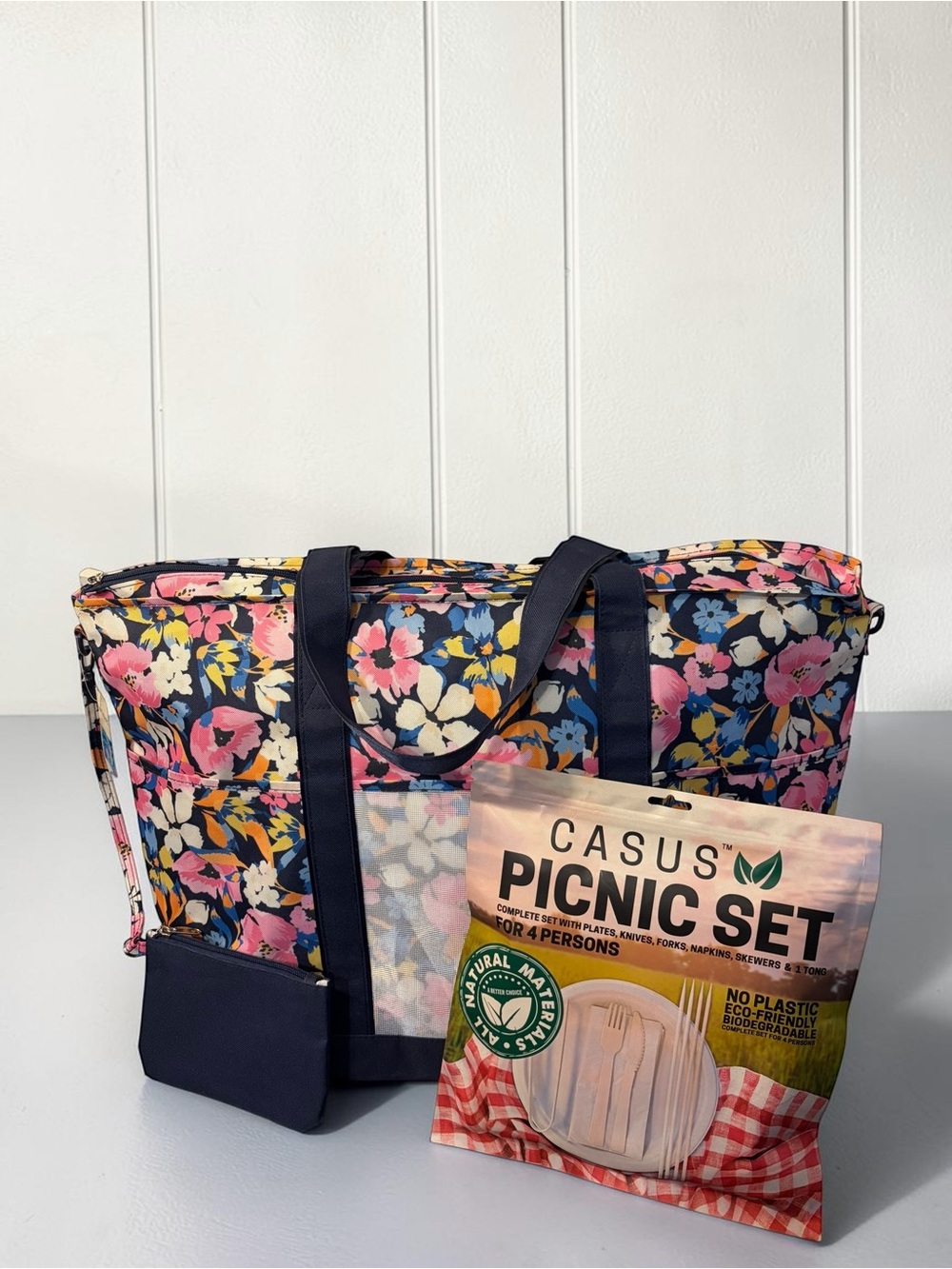 Floral Beach Tote + Matching Pouch & Picnic Set for 4